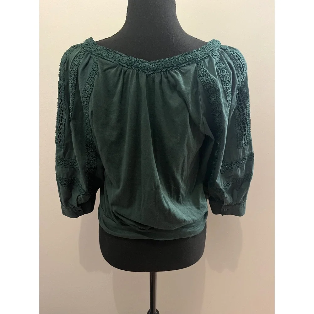 Anthropologie Chela Green Crochet Lace Trim Puff Sleeve Blouse Square Neck Top S